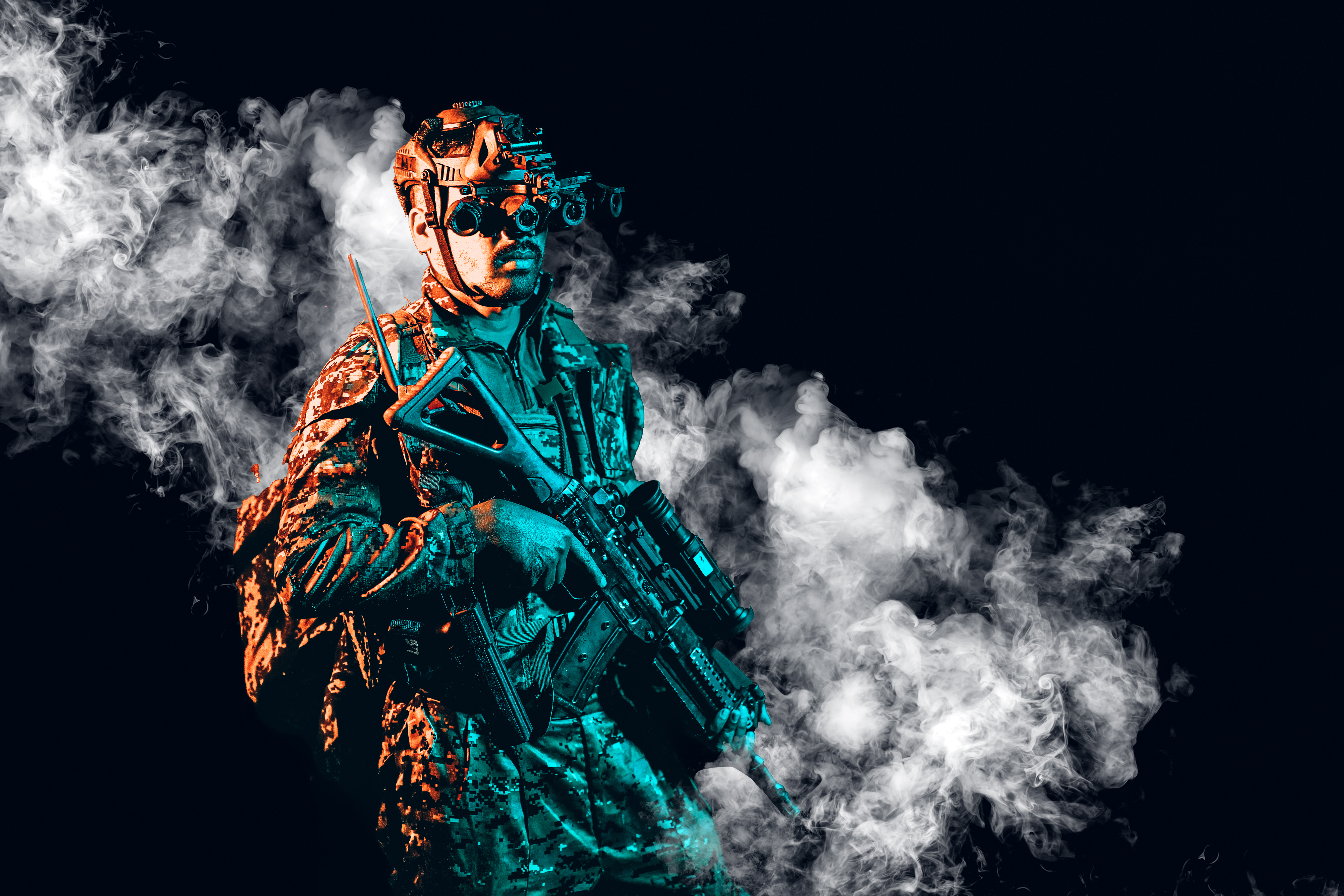 Tactical operator with optics in smoke